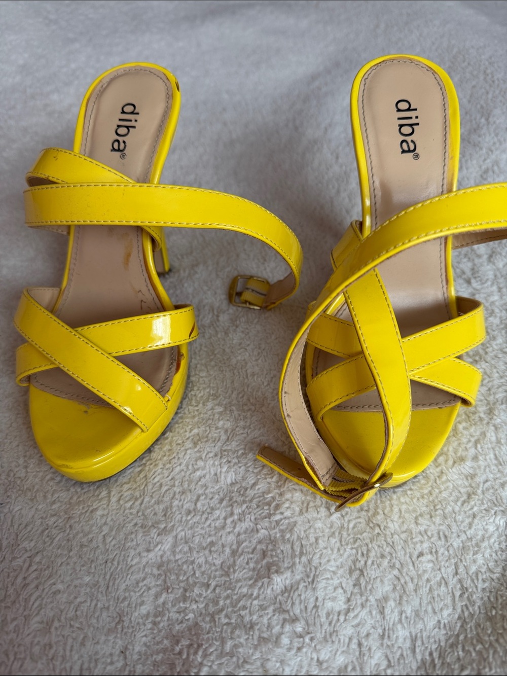 Diba Bright Yellow Strappy Slide Heels